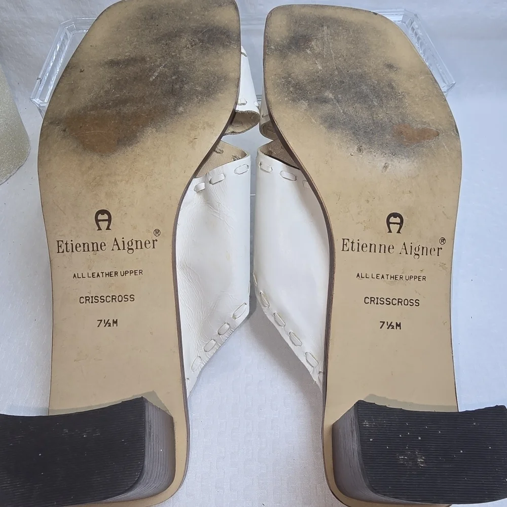 VINTAGE ETIENNE AIGNER WHITE CRISS CROSS LEATHER BLOCK HEEL SANDAL WOMENS 7.5